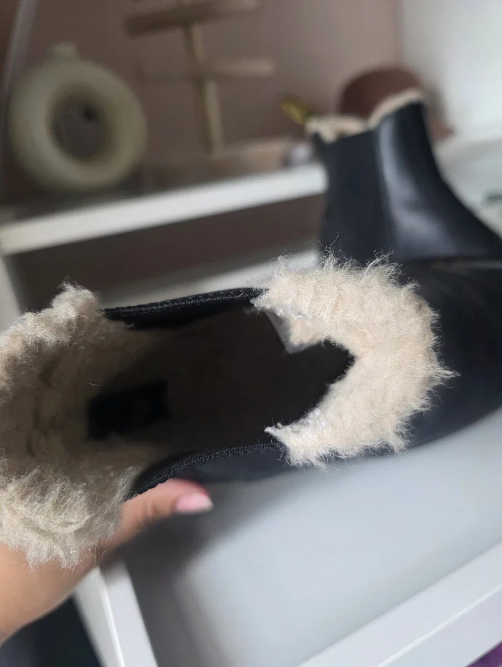 Dr. Martens Black Leather Platform Chelsea Boots with Cream Shearling Collar